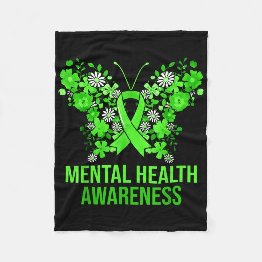 メンタルヘルス認識度バタフライグリーンリボンルーム フリースブランケット (正面)