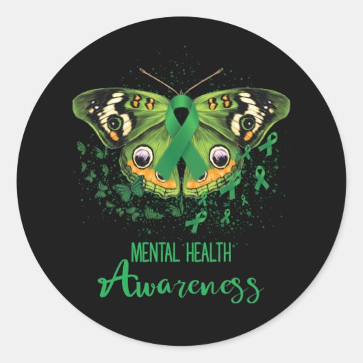 メンタルヘルス認識度バタフライグリーンリボン ラウンドシール (正面)