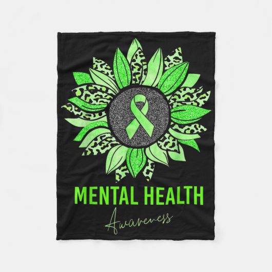 メンタルヘルス認識度ヒョウひまわりグリーンリ フリースブランケット (正面)