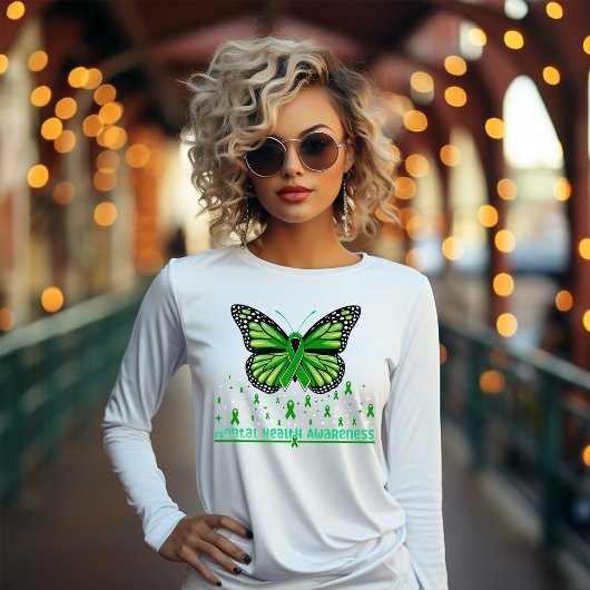 メンタルヘルス グリーンリボン 蝶 Tシャツ
