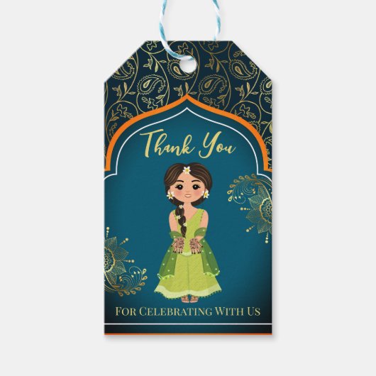 メンディインディアンアラビアンパターンデザインティール(緑がかった色)グリーン ギフトタグ (正面)