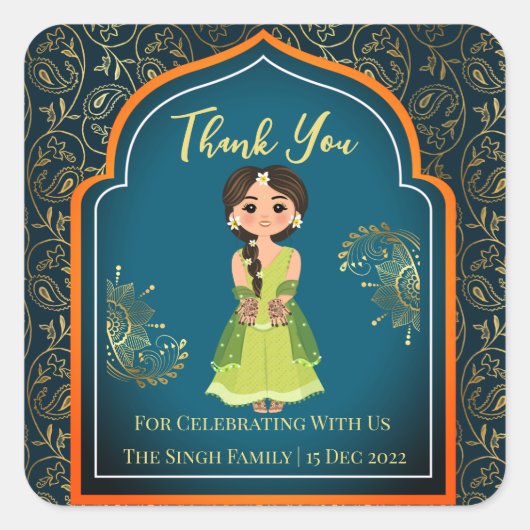 メンディインディアンアラビアンパターンデザインティール(緑がかった色)グリーン スクエアシール (正面)