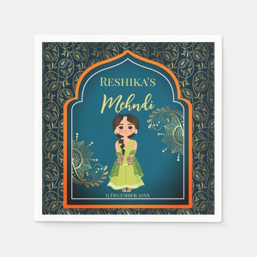 メンディインディアンアラビアンパターンデザインティール（緑がかった色）グリーン スタンダードカクテルナプキン (正面)