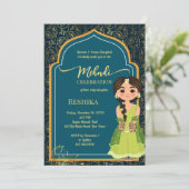 メンディインディアンペイズリーティール(緑がかった色)グリーンかわいいインディアン花嫁 招待状 (スタンド正面)