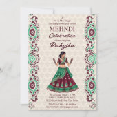 メンディインディアン結婚の可愛い花嫁ブルゴーニュ緑 招待状 (正面)