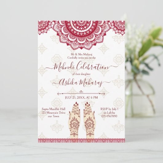 メンディインディアン結婚ズマルーンマンダラステンプレート 招待状 (スタンド正面)