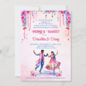 メンディサンゲインディアン結婚ズブライダルカップルピンク 招待状 (正面)