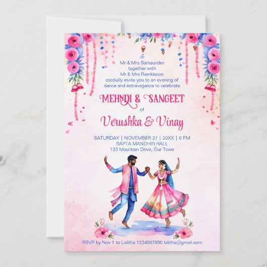 メンディサンゲインディアン結婚ズブライダルカップルピンク 招待状 (正面)