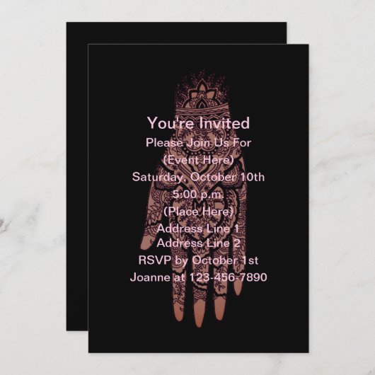 メンディハンドタトゥーアートブラックデザインパーティー 招待状 (正面/裏面)