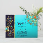 メンディブルーティール(緑がかった色)金ゴールドジュエリーペイズリー招待状 招待状 (スタンド正面)