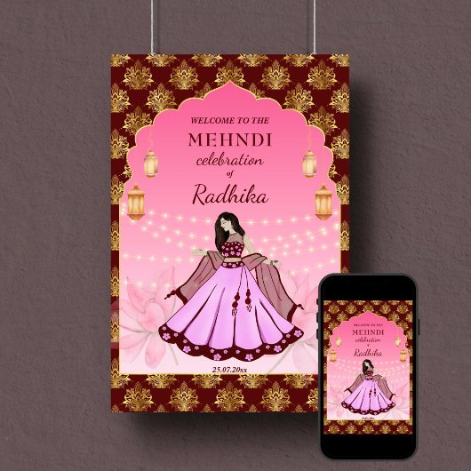 メンディ歓迎サイン踊りインディアン花嫁マルーン ポスター