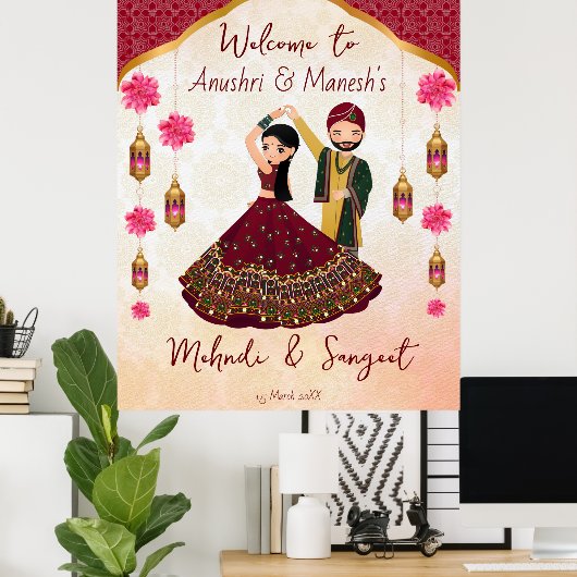 メンディ・サンゲエ踊りインディアンカップル蓮アラビア ポスター (ホームオフィス)