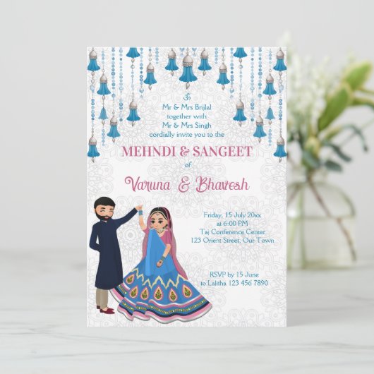 メンディ・サンゲ招待状踊りかわいいインディアンカップル 招待状 (スタンド正面)