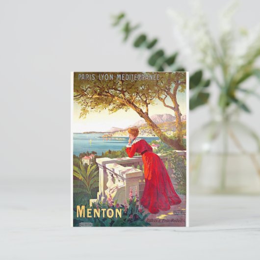メントン、フランスのリビエラの風景、テラス上の女性 ポストカード (スタンド正面)