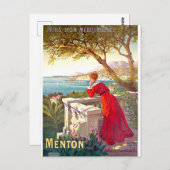 メントン、フランスのリビエラの風景、テラス上の女性 ポストカード (正面/裏面)