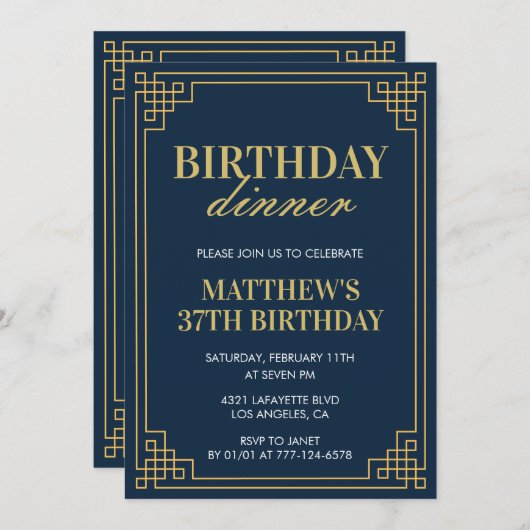メンネイビーブルー誕生日ディナー37歳の誕生日 招待状 (正面/裏面)