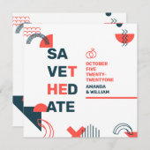 メンフィススタイル抽象芸術ブルー&レッド結婚ズ セーブザデート (正面/裏面)