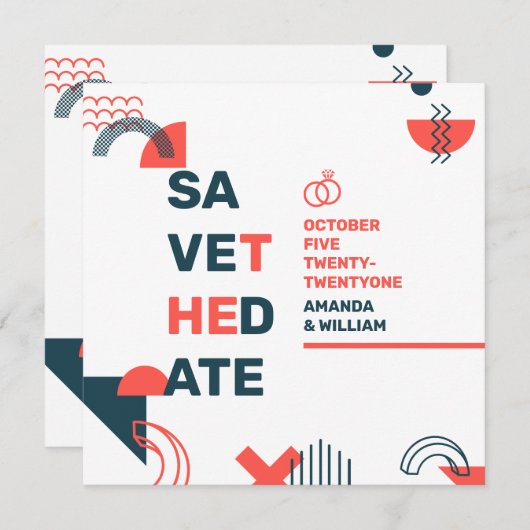 メンフィススタイル抽象芸術ブルー&レッド結婚ズ セーブザデート (正面/裏面)