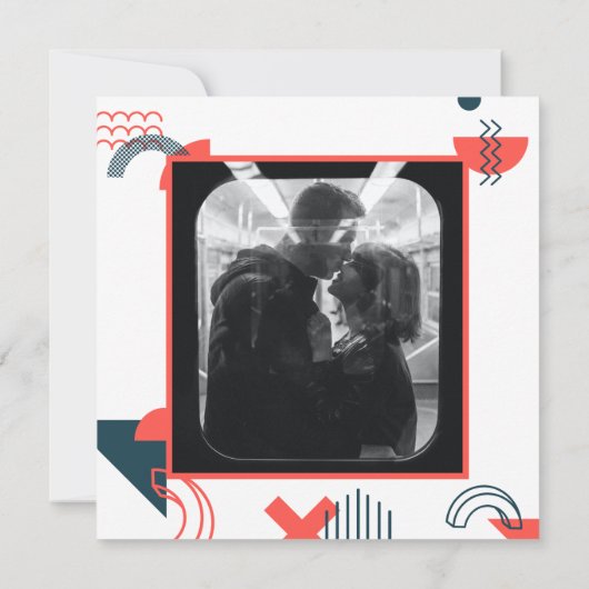 メンフィススタイル抽象芸術ブルー&レッド結婚ズ セーブザデート (裏面)