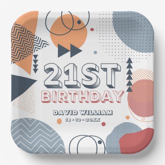 メンフィス幾何学模様21st誕生日 ペーパープレート (正面)