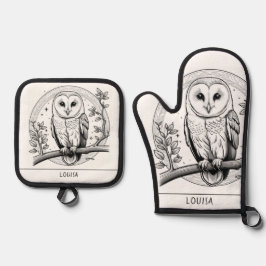 メンフクロウの鳥の絵の線画 ブラック&ホワイト 鍋つかみ&鍋敷きセット
