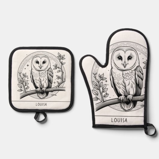 メンフクロウの鳥の絵の線画 ブラック&ホワイト 鍋つかみ&鍋敷きセット (正面)