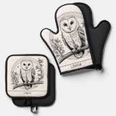 メンフクロウの鳥の絵の線画 ブラック&ホワイト 鍋つかみ&鍋敷きセット (正面/裏面)