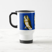 メンフクロウのTシャツ、フード付きスウェットシャツ、マグ、ボタン トラベルマグ (左)