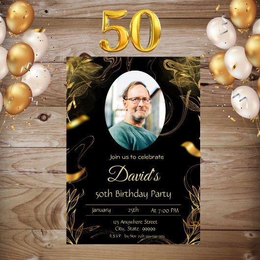 メンブラック金ゴールドリーフ50誕生日招待状 招待状