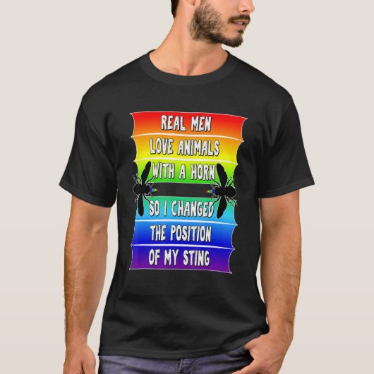 メン実在ズプライドLGBTQミツバチおもしろいゲイレインボーB Tシャツ (正面)