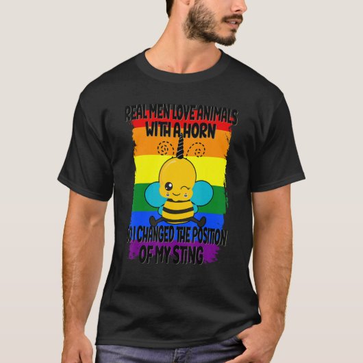 メン実在ズプライドLGBTQミツバチおもしろいゲイレインボーB Tシャツ (正面)