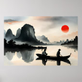メン日本のズセーリングボート夕べリバーランドスケープ ポスター (正面)