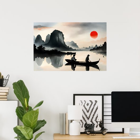 メン日本のズセーリングボート夕べリバーランドスケープ ポスター (ホームオフィス)