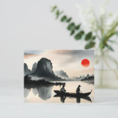 メン日本のズセーリングボート夕べリバーランドスケープ ポストカード (スタンド正面)