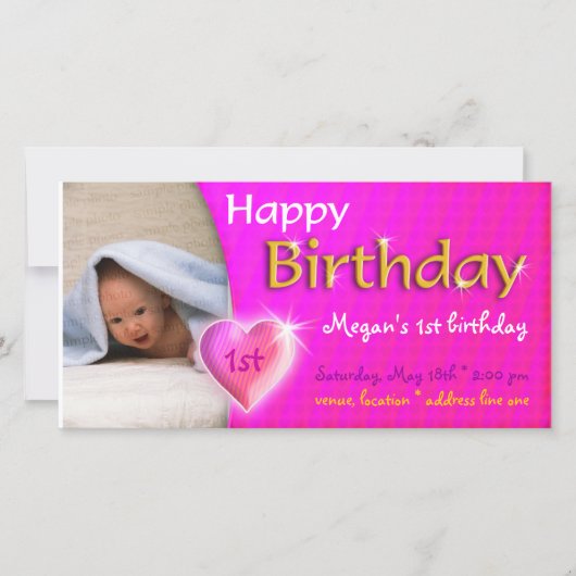 メーガンアドイラブルハート誕生日写真招待状 (正面)