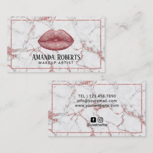 メーキャップアーティストのばら色の金ゴールドの唇のモダンな大理石のサロン 名刺 (正面/裏面)