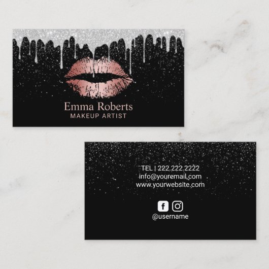 メーキャップアーティストのばら色の金ゴールドの唇の銀のグリッターの滴り 名刺 (正面/裏面)
