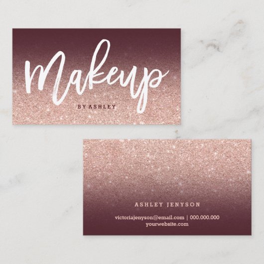 メーキャップアーティストのシックなタイポグラフィのバーガンディのばら色の金ゴールド 名刺 (正面/裏面)