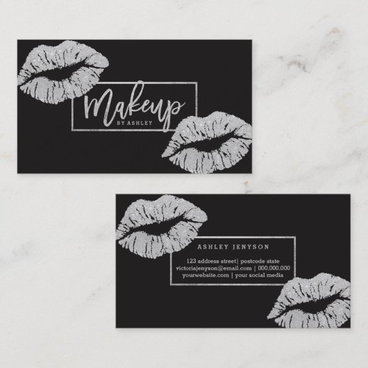 メーキャップアーティストのタイポグラフィの唇ののどの銀 名刺 (正面/裏面)