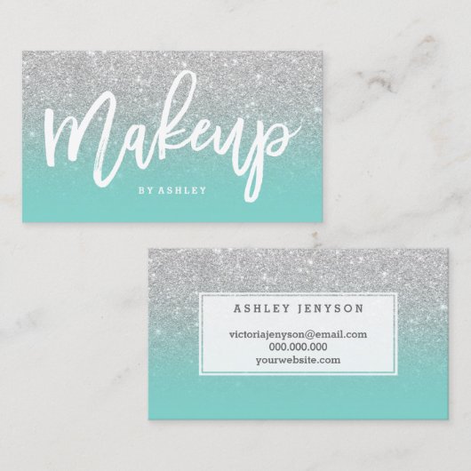 メーキャップアーティストのタイポグラフィの銀のグリッターのターコイズ 名刺 (正面/裏面)