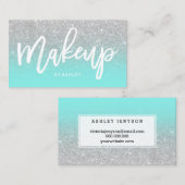 メーキャップアーティストのタイポグラフィの銀のグリッターのティール(緑がかった色) 名刺 (正面/裏面)