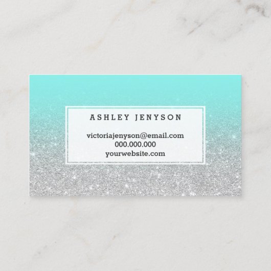 メーキャップアーティストのタイポグラフィの銀のグリッターのティール(緑がかった色) 名刺 (裏面)
