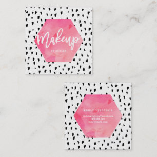 メーキャップアーティストのピンクの水彩画の黒の水玉模様 スクエア名刺