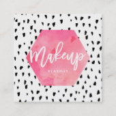 メーキャップアーティストのピンクの水彩画の黒の水玉模様 スクエア名刺 (正面)