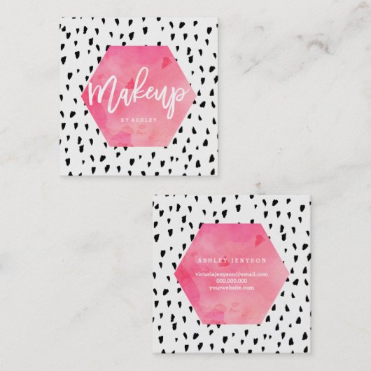メーキャップアーティストのピンクの水彩画の黒の水玉模様 スクエア名刺 (正面/裏面)