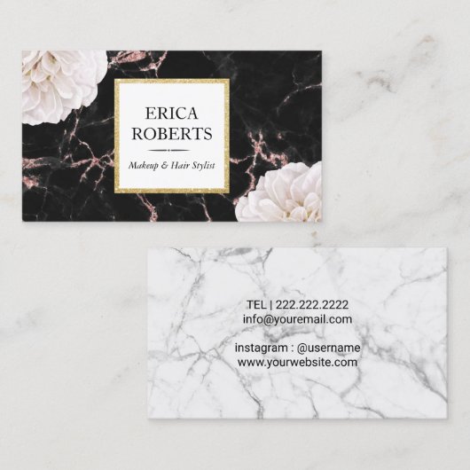 メーキャップアーティストのヘアーサロンの白い花のシックな大理石 名刺 (正面/裏面)