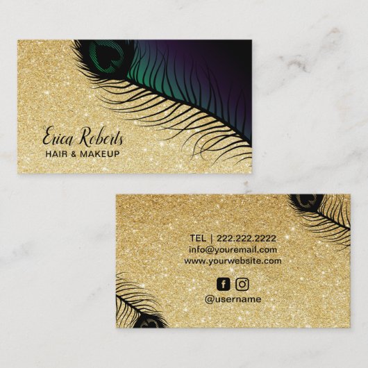 メーキャップアーティストのヘアーサロンの金ゴールドのグリッターの上品の孔雀 名刺 (正面/裏面)