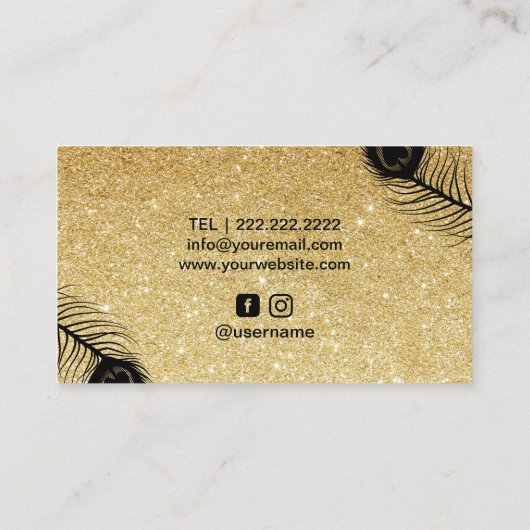 メーキャップアーティストのヘアーサロンの金ゴールドのグリッターの上品の孔雀 名刺 (裏面)
