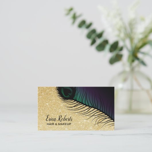 メーキャップアーティストのヘアーサロンの金ゴールドのグリッターの上品の孔雀 名刺 (スタンド正面)