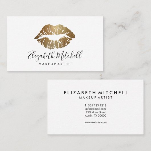 メーキャップアーティストのモダンな手書きの金ゴールドのグリッターの唇 名刺 (正面/裏面)